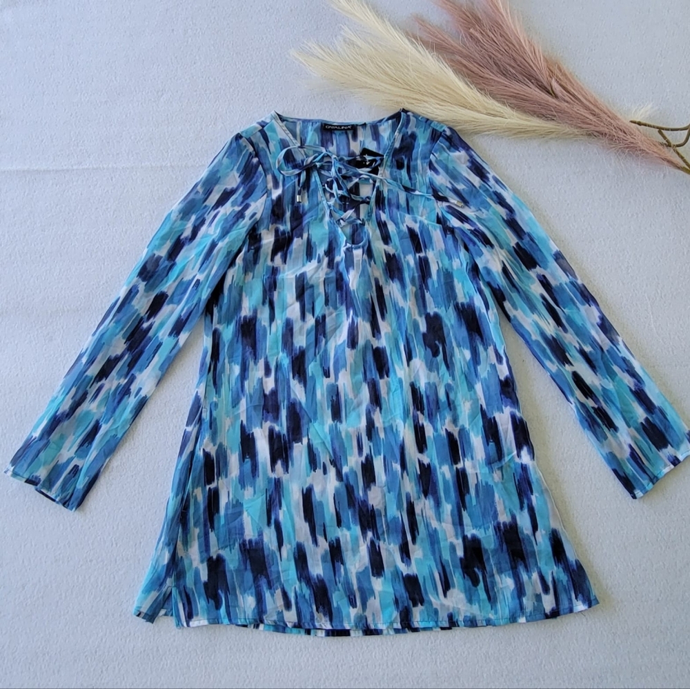 Catalina women Blue/Navy/WhiteSheer Top/Blouse long sleeves,‎ pockets sz S -XS